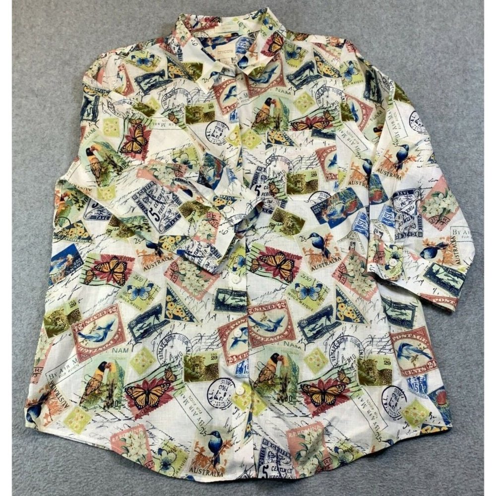 Chico's Button Shirt Womens 2 (Large) No Iron 100% Linen Multicolor Stamp Travel
